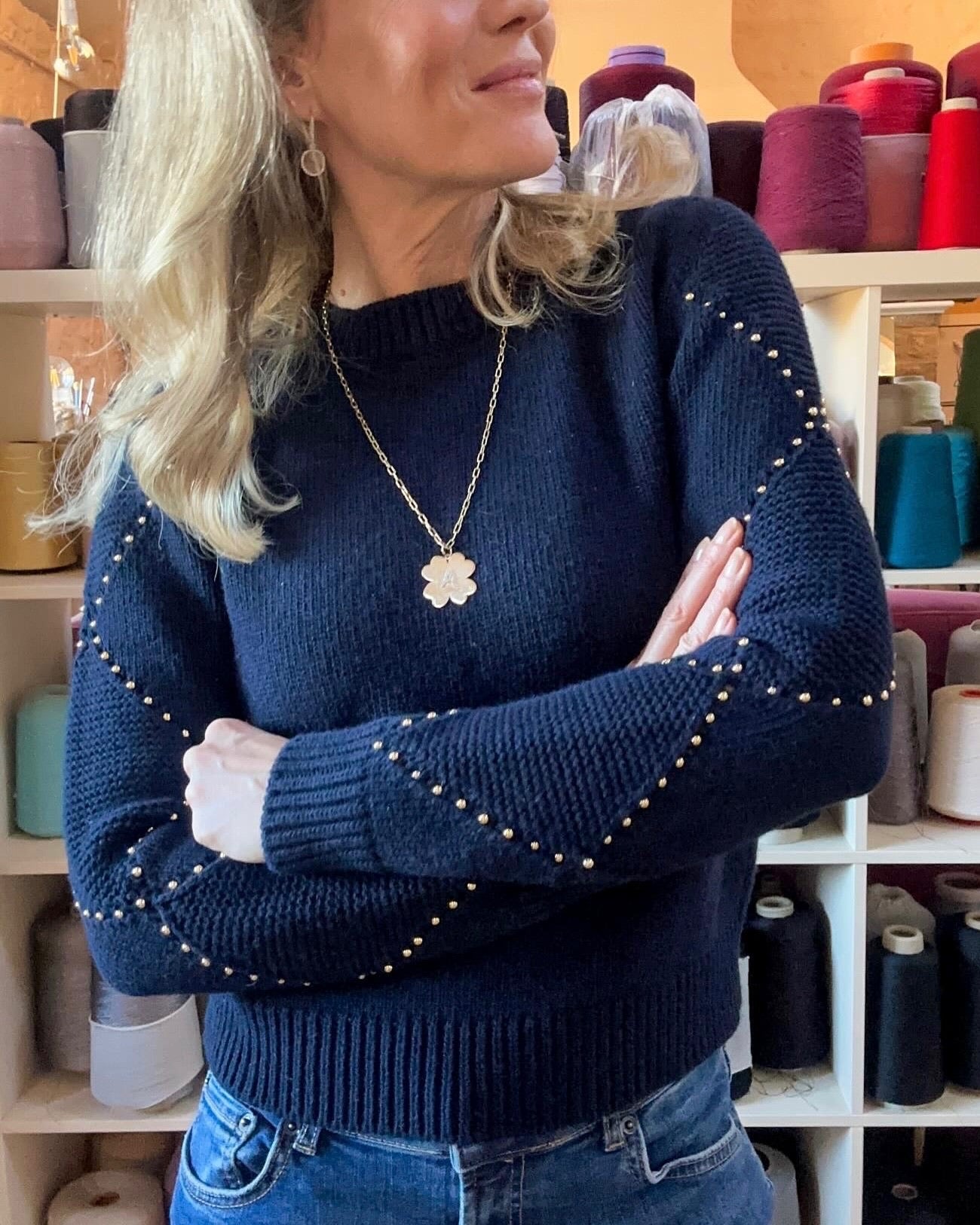Harlequin Beaded Sweater - Navy