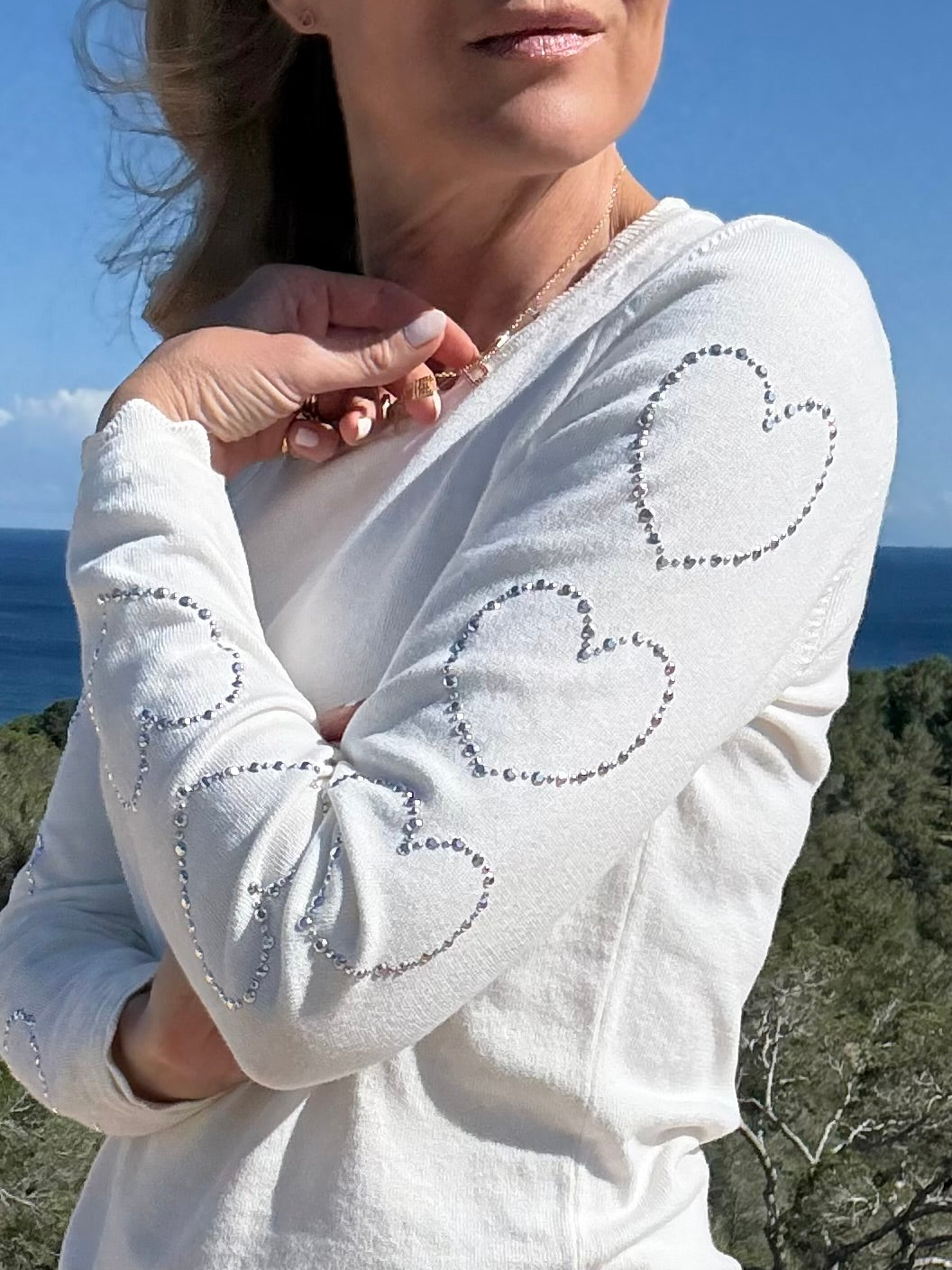 Cotton Heart Sleeve Sweater - White