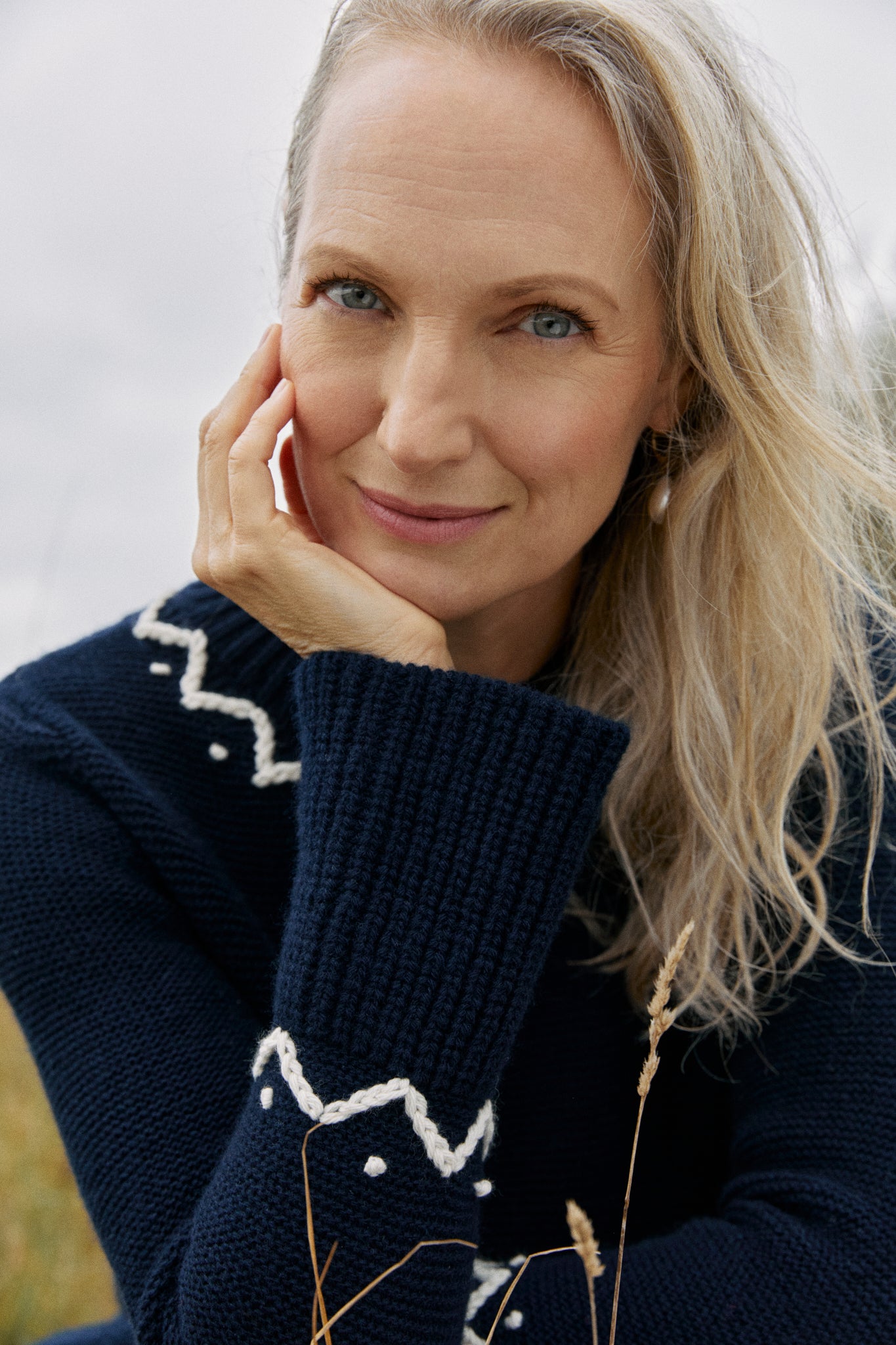 Teddy Sweater with Chunky Chain Stitch Neckline - Navy