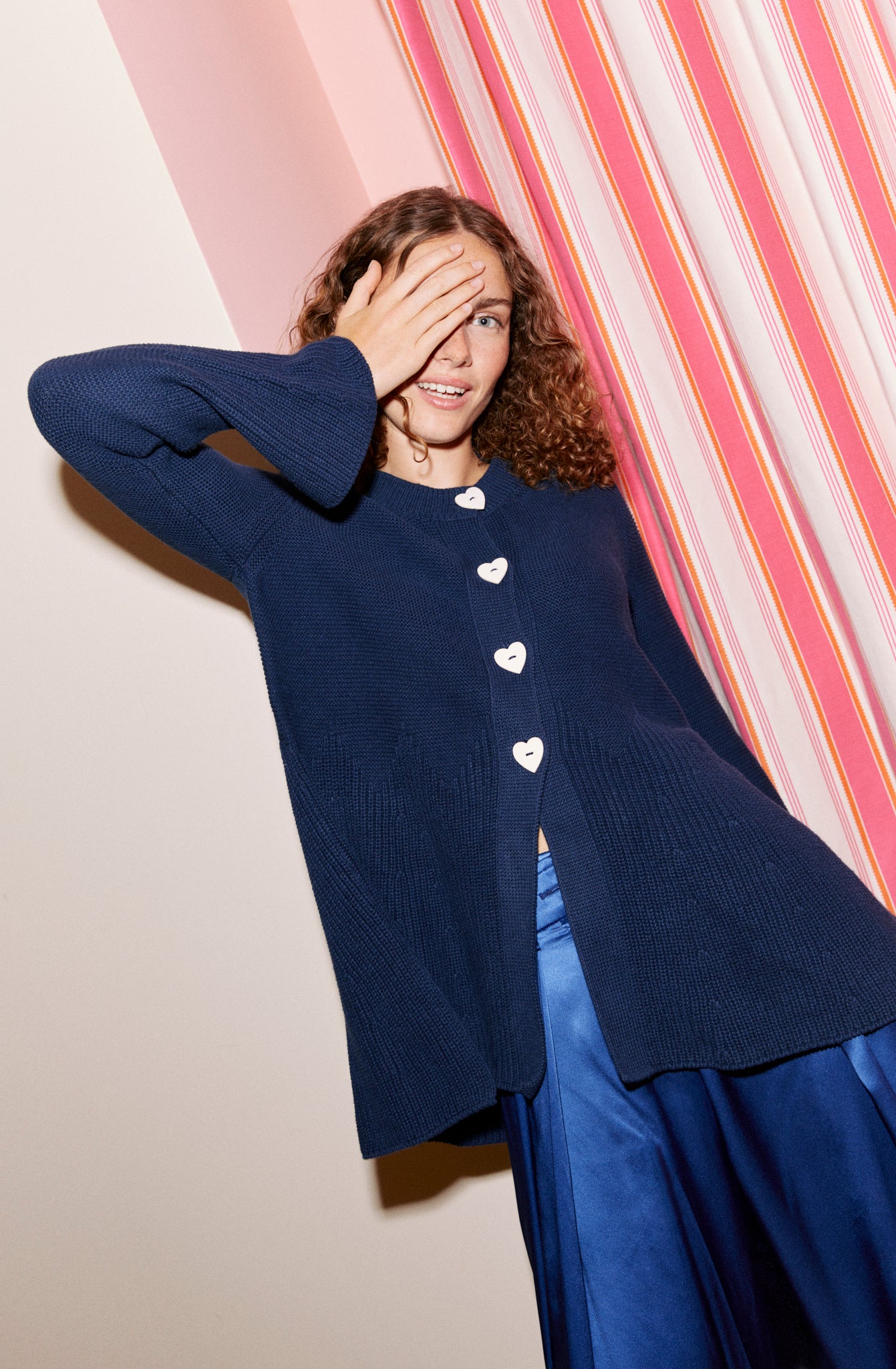 Cotton Teddy Heart Button Jacket - Navy