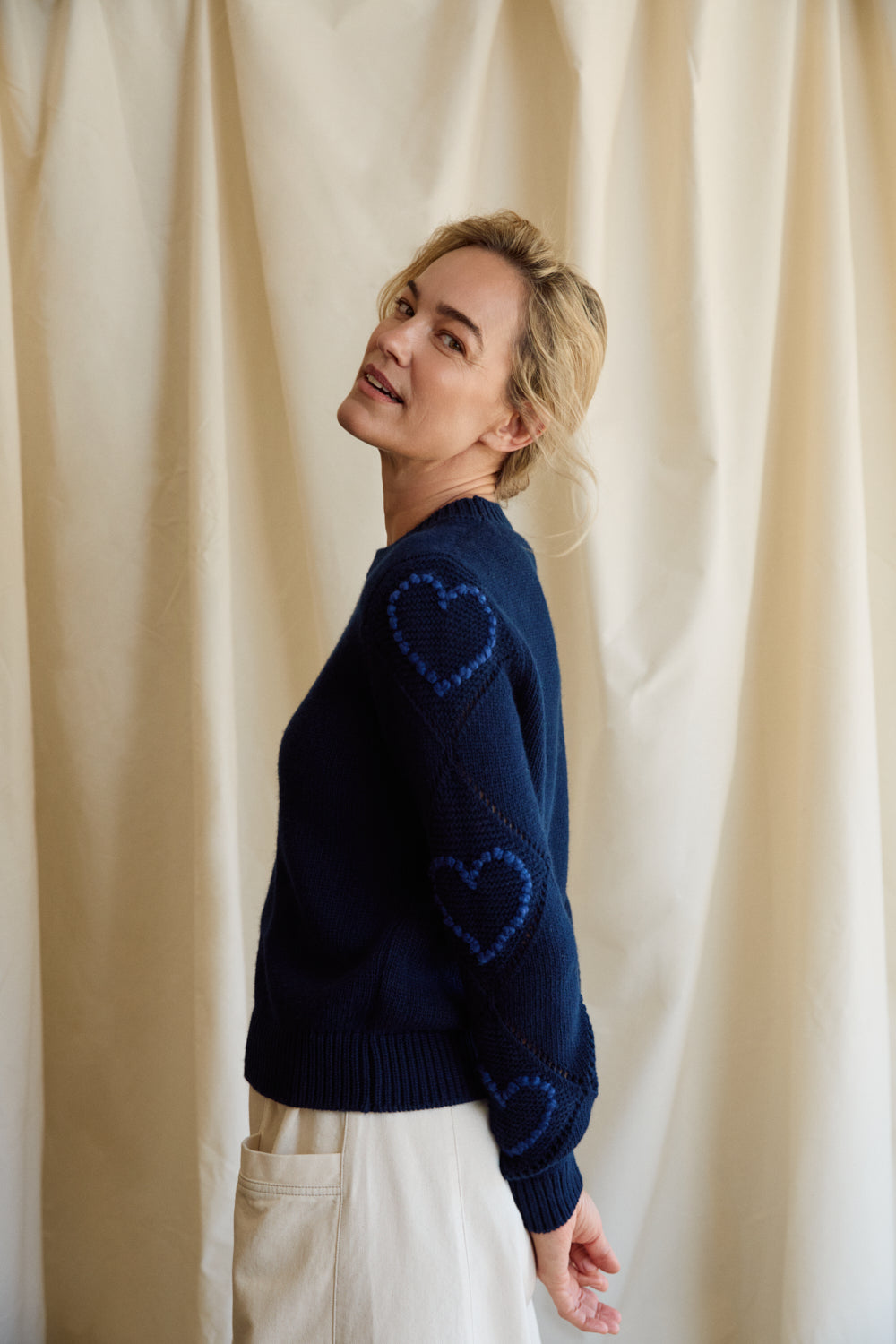 Bobble Stitch Heart Sweater - Navy