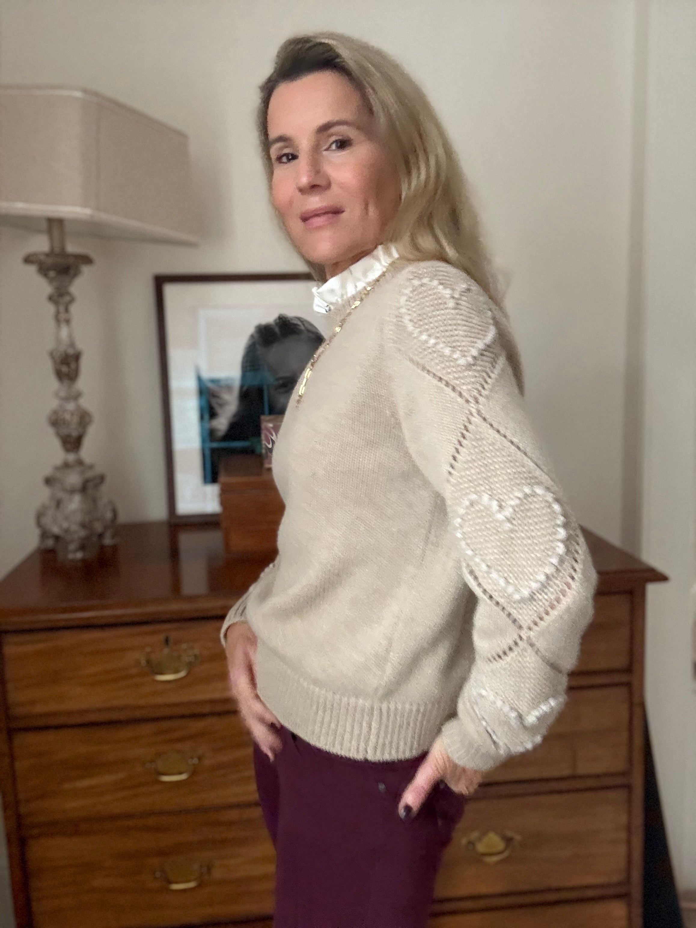 Bobble Stitch Heart Sweater - Beige