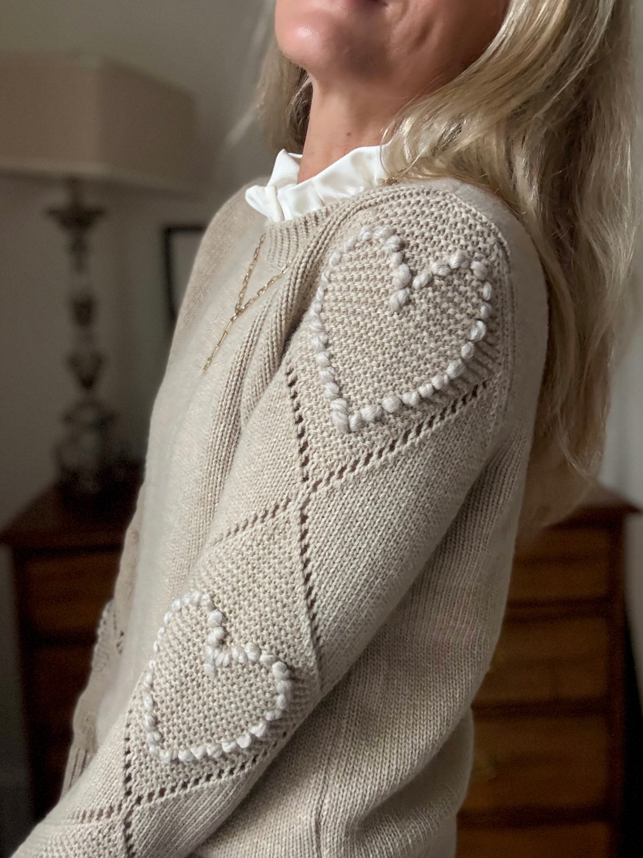 Bobble Stitch Heart Sweater - Beige
