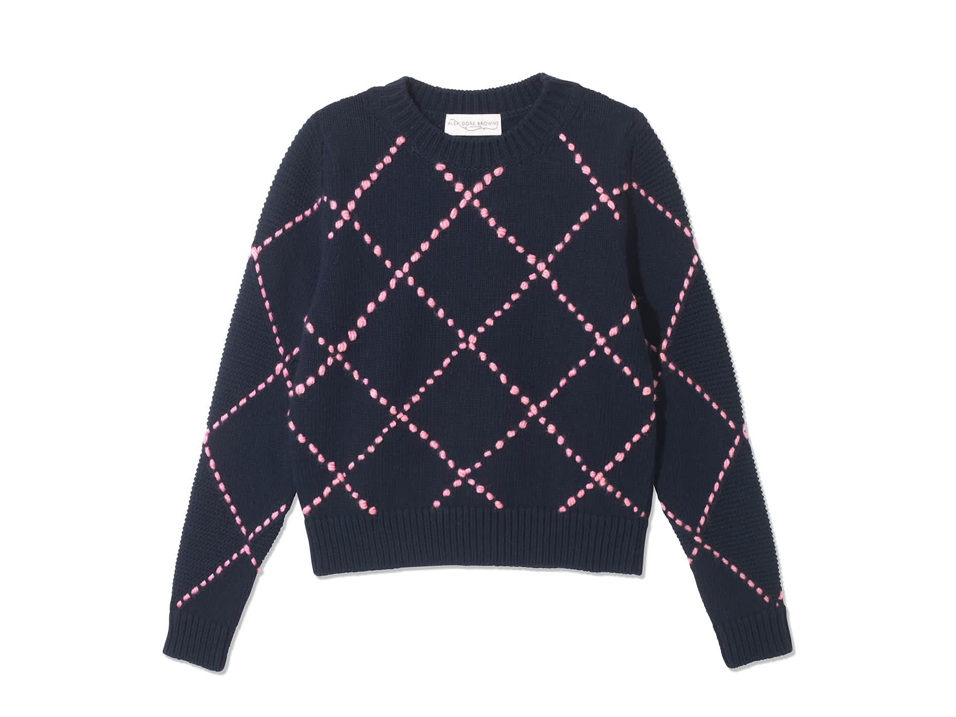 Diamond Stitch Sweater - Navy/Pink