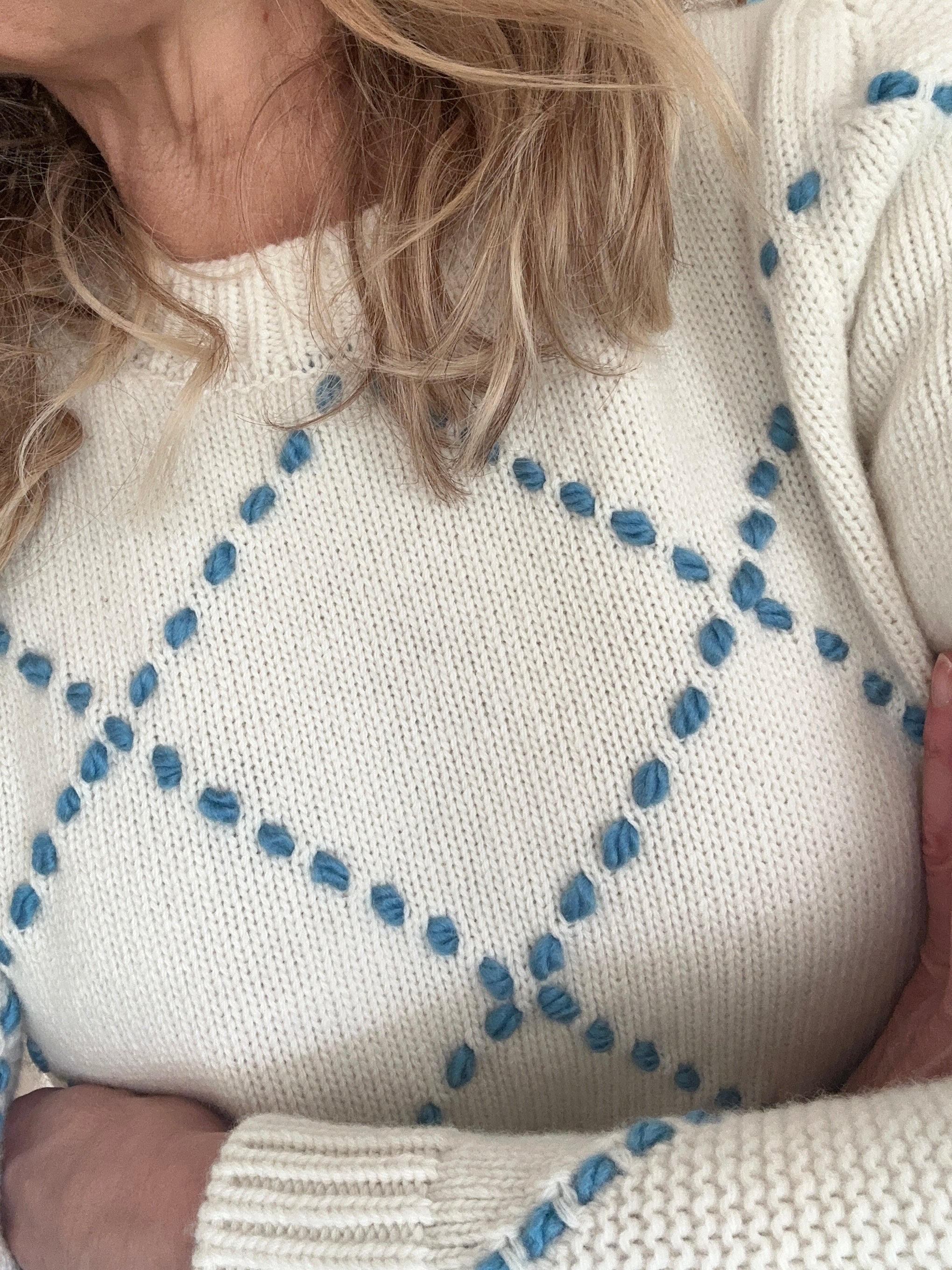 Diamond Stitch Sweater - Cream/Denim Blue