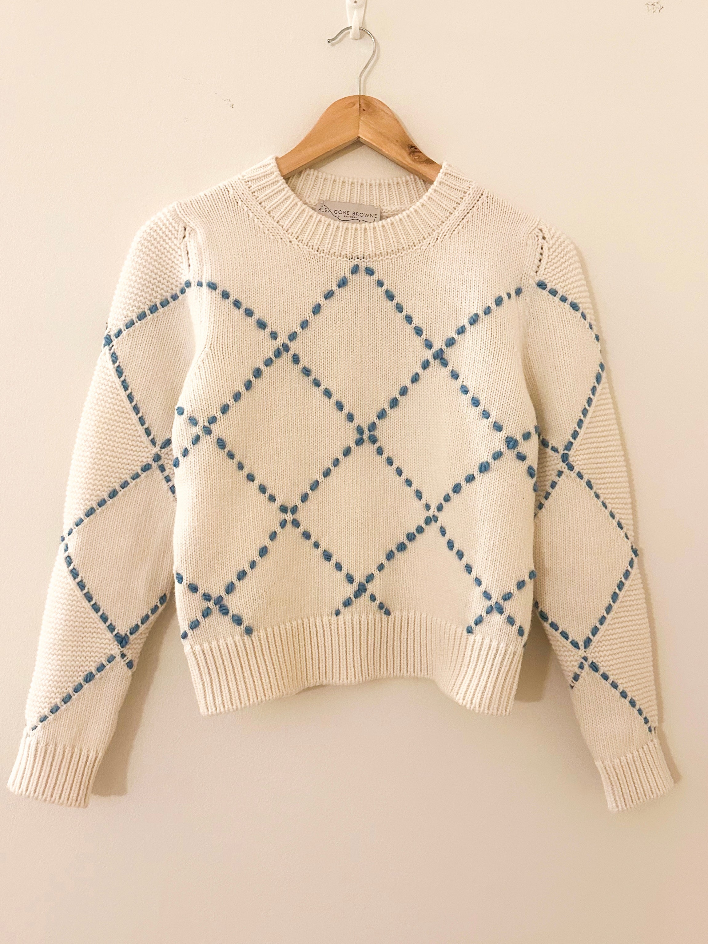 Diamond Stitch Sweater - Cream/Denim Blue