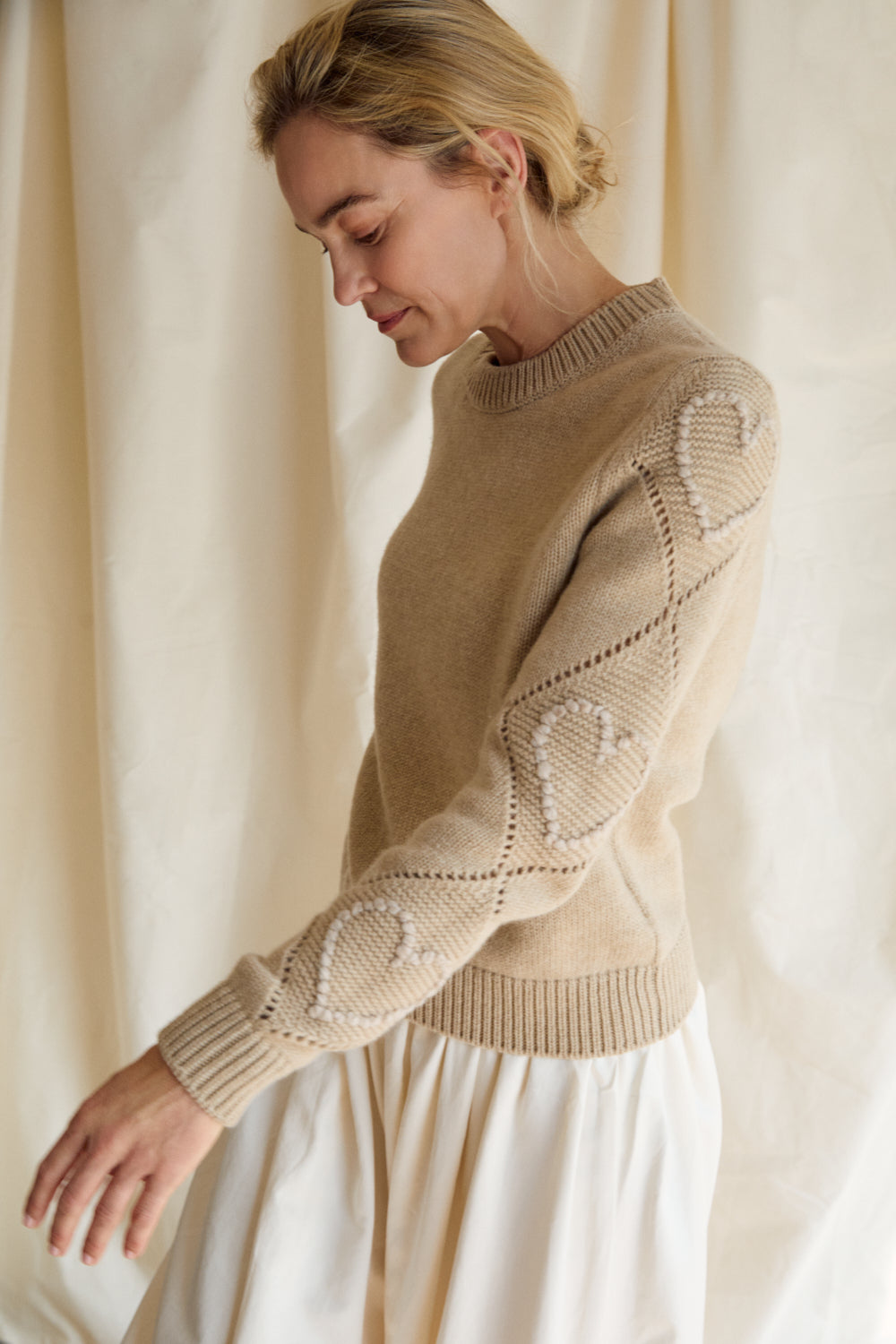 Bobble Stitch Heart Sweater - Beige