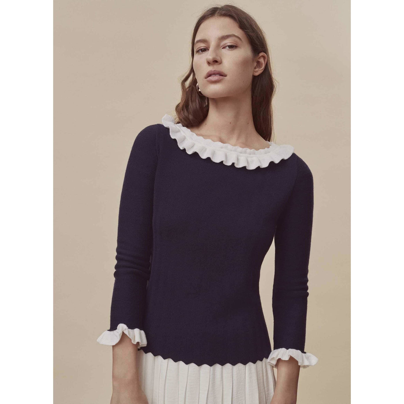 Model wearing Navy/White Alice Sweater