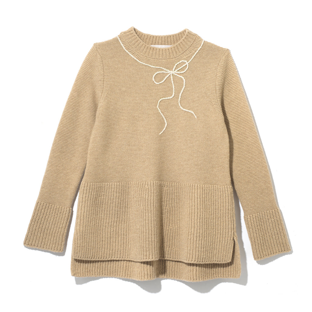 Teddy Sweater with Shoelace Bow - Beige