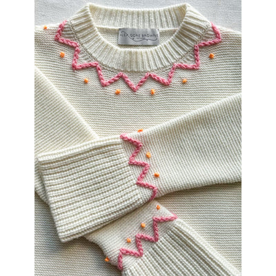 Teddy Sweater with Chunky Chain Stitch Neckline - Cream